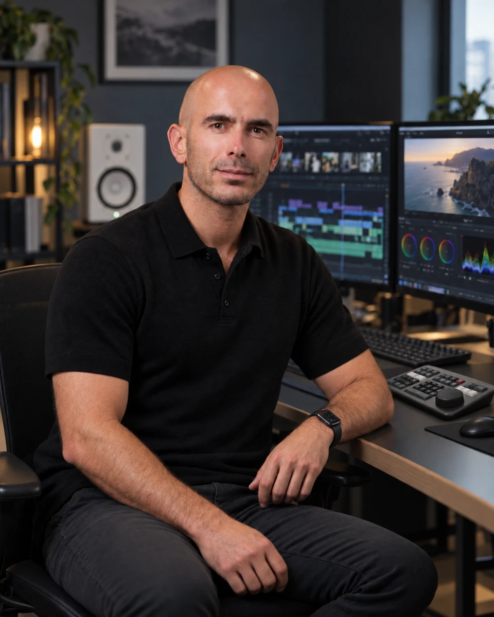 Chris at a professional video editing workstation